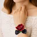 2 x Corsage and Boutonniere Set for Wedding Prom, Artificial Rose Flower Wrist Corsage Bracelets, Homecoming Corsage Wristlet, Boutonniere for Men Wedding Suit Decorations (Black&wine Red)