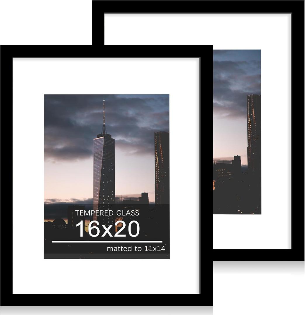 16x20 Poster Frame Set of 2, 16 x 20 Wood Picture Frames with Mat for 11x14, Wooden Photo Frame with Tempered Glass Cover for Wall Mounting Display, Black
