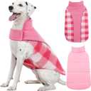 Kuoser Dog Winter Coat, Reversible Waterproof Dog Jacket with Reflective Strip, Warm Dogs Fleece Vest Adjustable Doggy Cold Weather Clothes Plaid Christmas Outfit Pet Apparel for Large Dogs, Pink XL (X-Large (Chest Girth: 24.4-29.9'' ))