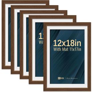 VCK 12x18 Picture Frame 5 Pack - Brown, High-End Wood Poster Frames with Tempered Glass, Display 11x17 Photo with Mat or 12x18 without Mat, Art Gallery-Quality, Wall Hanging, Brown