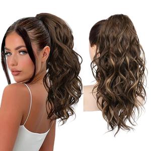 REECHO Ponytail Extension, 18" Claw Clip Ponytail Extension Wavy Ponytails Hair Extensions Jaw Clip on Pony Tails Natural Synthetic Hairpiece for Women Daily, Chocolate Brown with Highlights