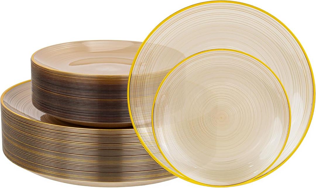Morejoy 100Pcs Brown Plastic Plates, Clear Coffe Disposable Plates With Gold Rim,Heavy-Duty Brown Plates, Gold Dinnerware Set Include 50 Dessert-plates,50 Dinner-plates for Party & Christmas