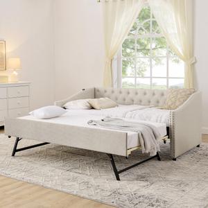 KEIKI Twin Size Upholstery Daybed with Trundle and USB Charging Design, Twin to King Design Mid-Century Extendable Sofa Bed, Easy Assembly, No Box Spring Required, for Living Room and Bedroom, Beige