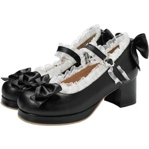 LUXMAX Women Kawaii Mid Block Heel Mary Jane Rockabilly Pumps with Bow Platform Chunky Heel Cute Sweet Shoes (7, Black)