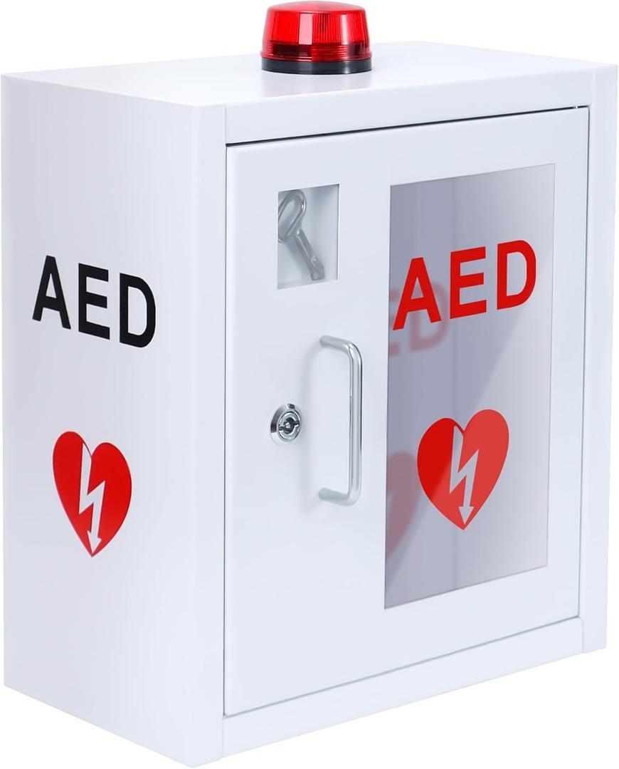 AED Cabinet, First Aid Defibrillator Wall Mounted Storage Cabinet Stainless Steel Snap Lock Fits All Brands Cardiac Science W/Alarm and Light 14 x 7.9 x 15.8 Inch
