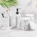 Bathroom Accessories Set, 6-Piece Bathroom Accessory Set, Toothbrush Holders Set, Soap Dispenser, Vanity Tray, Tumbler, Cotton Swab Jars, Bathroom Organizer for Modern Bathrooms (Marble White)
