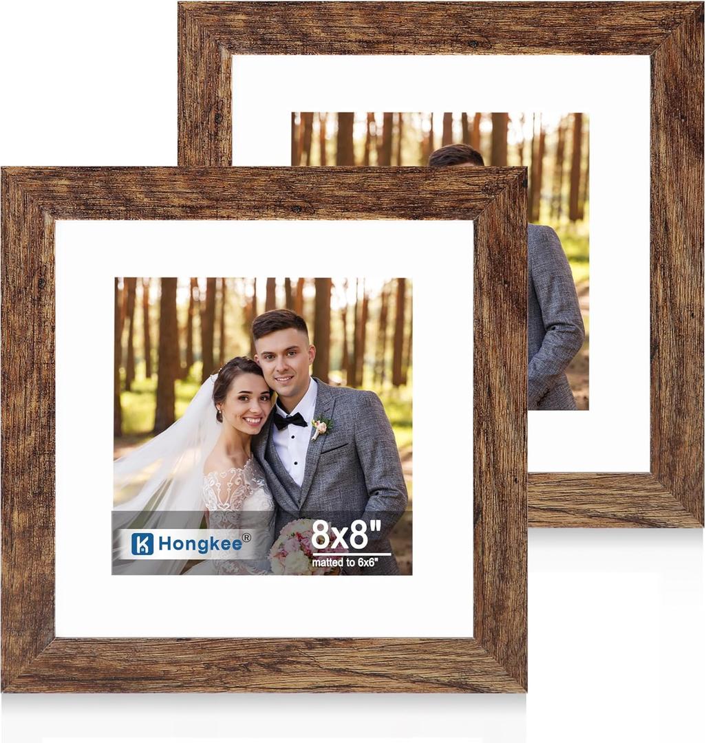 Hongkee 8x8 Picture Frame Set of 2, Made of Real Glass and Rustic Brown Wooden Frame - Display Square 6x6 with Mat or 8x8 Without Mat, 8 by 8 Photo for Wall or Tabletop