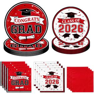 Graduation Party Plates and Napkins Red Class of 2026 Grad Congrats Party Supplies Disposable Dessert Paper Plates Cocktail Napkins forGraduation Party Decorations
