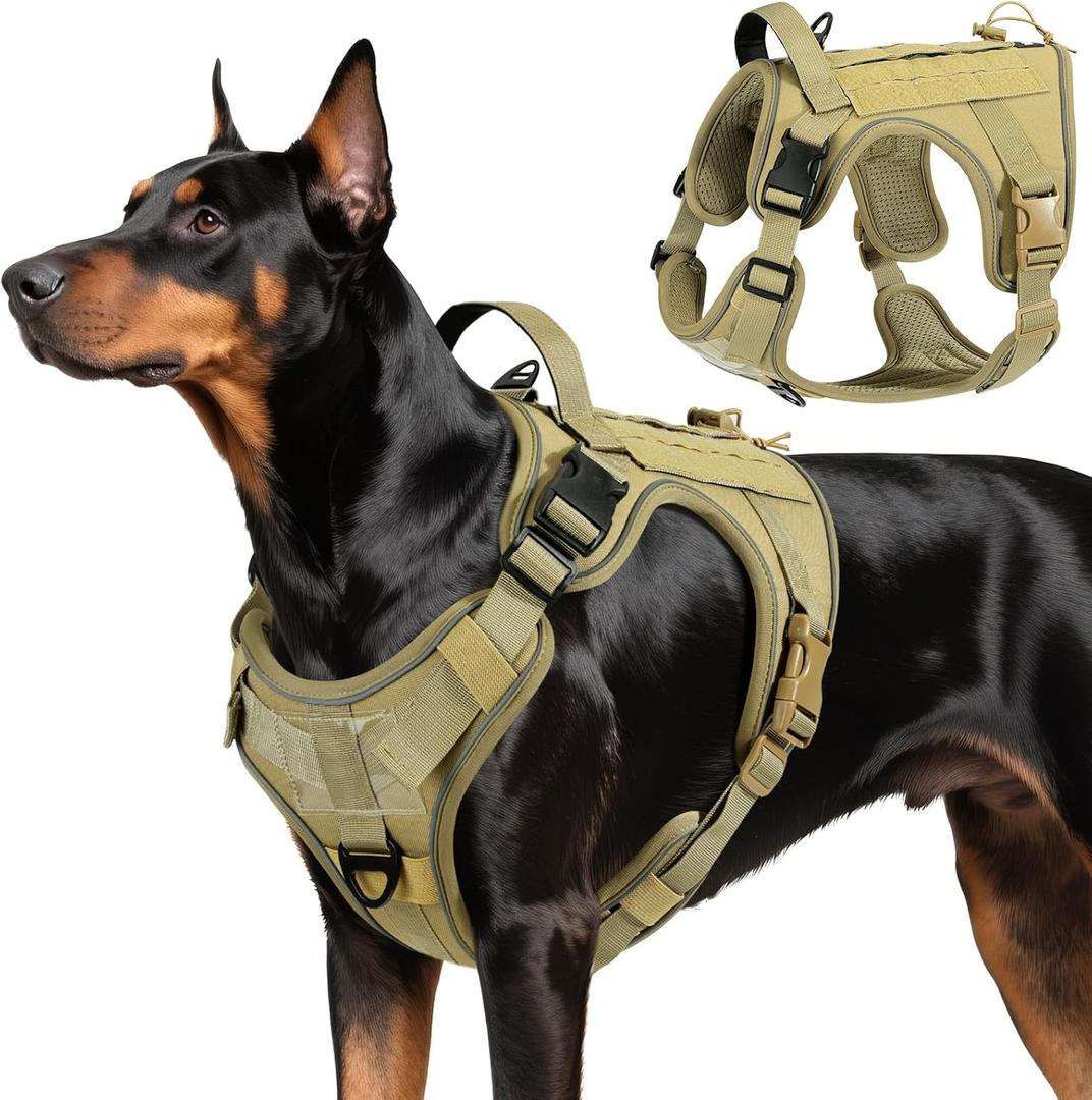 Heavy Duty Tactical Dog Harness for Large Dogs, No Pull Adjustable Pet Harness Reflective Service Training Easy Control Pet Vest Military K9 Working Dog Harnesses, Army Yellow, L (L: 45-80 lbs (Chest: 23.6-41.7", Neck: 15-27.5"))