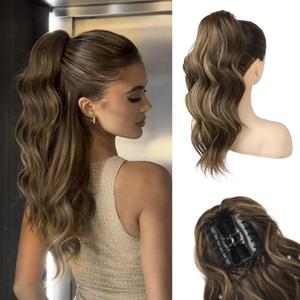 HOOJIH Clip in Ponytail Extension, 18 Inch Wavy Synthetic Fiber Ponytail Hair Pieces for Women - Chocolate Brown with Highlights