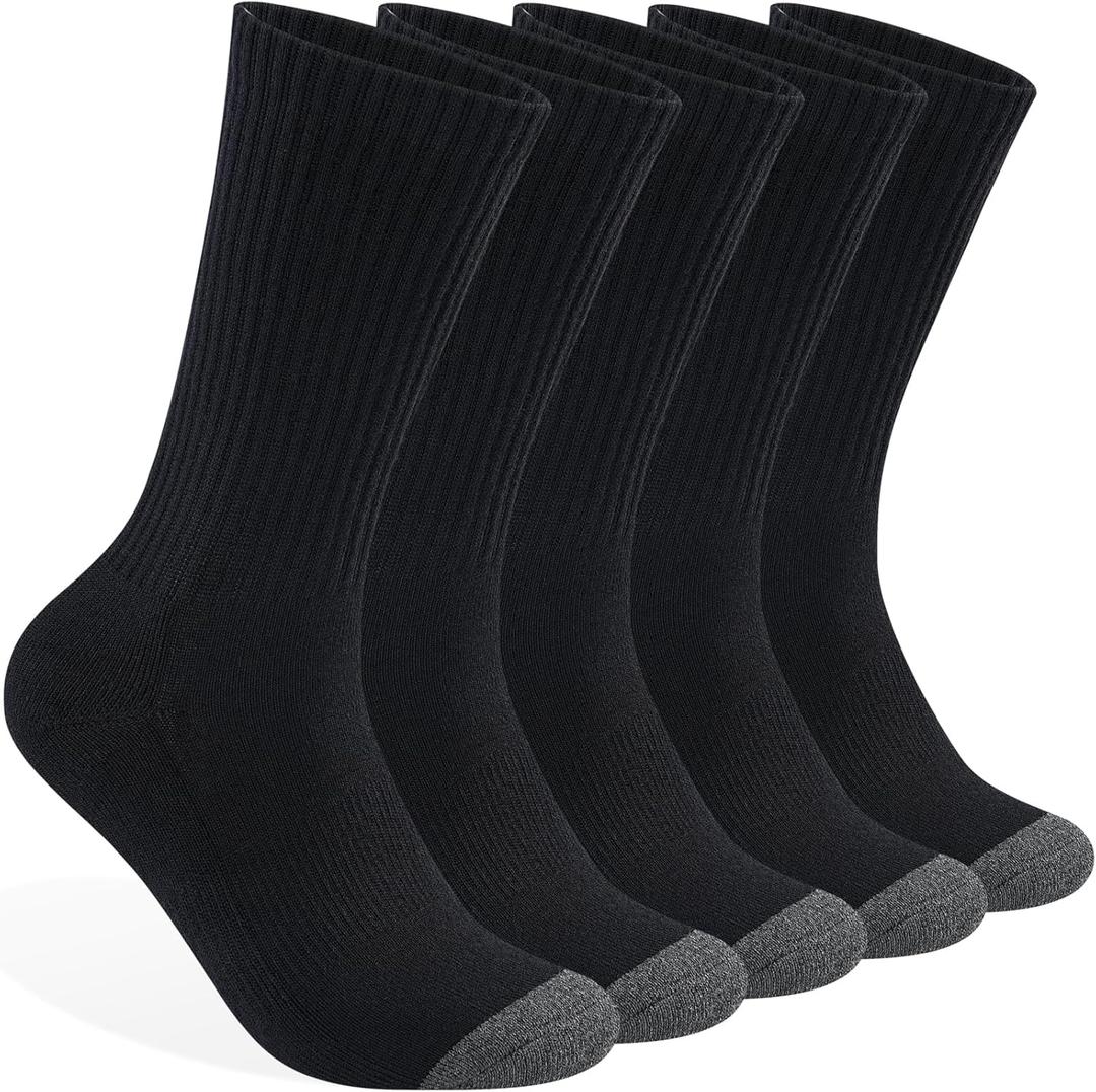 Mens 100% Cotton Cushioned Crew Socks, Athletic Performance Moisture Wicking Work socks (5 Pairs Black), Size: Large