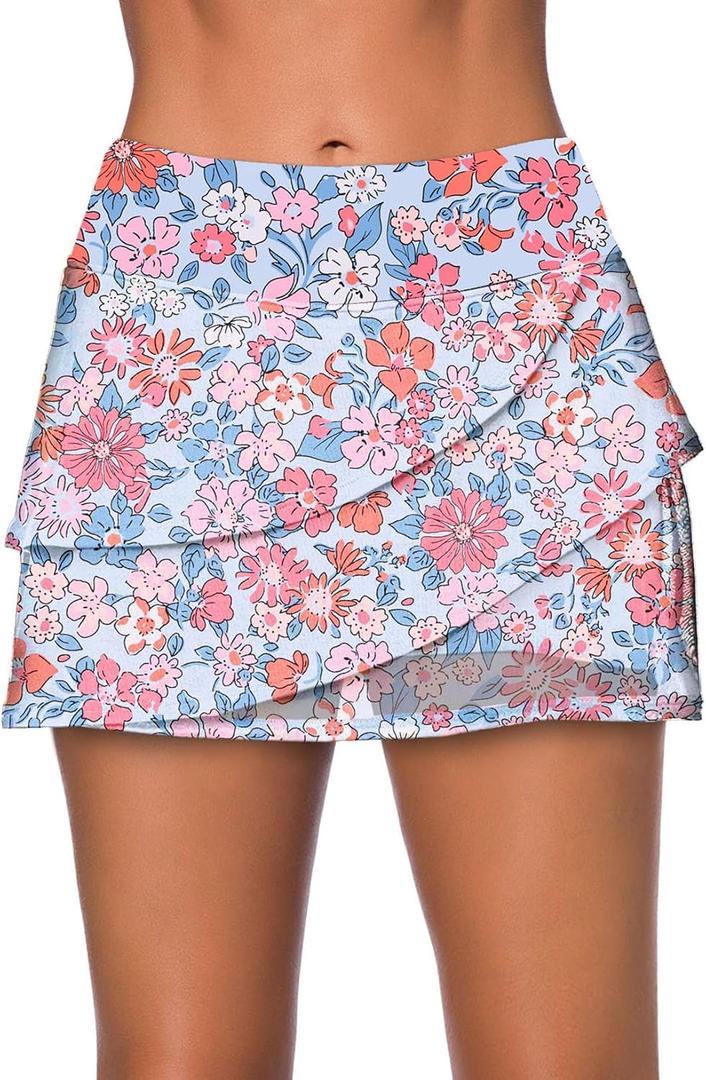 Aleumdr Women's Waistband Layered Swimdress Ruffle Swim Skirt Swimsuit Bottom (Large, Pink Printed)