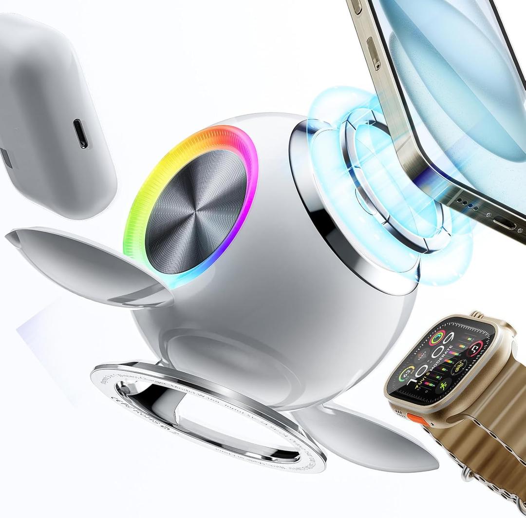 Venus 3 in 1 Mag-Safe Charger Stand, PEXXUS Magnetic Wireless Charging Station Apple MagSafe Charger (30W) Compatible for iPhone 12-16 Pro Max, Apple Watch Series, AirPods for Men (White)