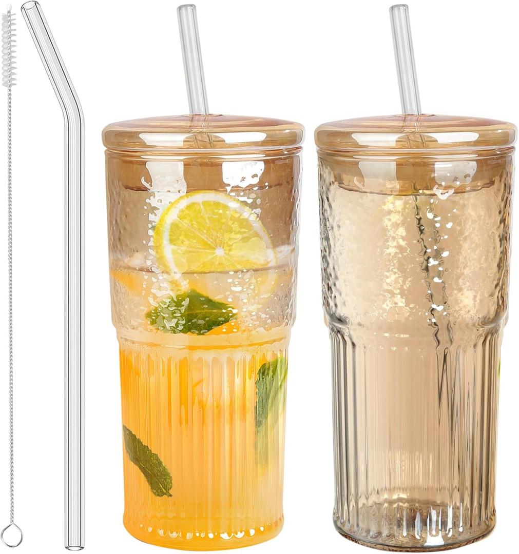 Glass Cups with Lids and Straws, Amber 20 OZ Iced Water Glasses Tumblers for Ice Juice, Tea, Milk, Smoothie and Cold or Hot Drinks, Set of 2