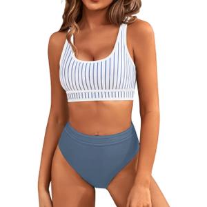 BMJL Women's High Waisted Bikini Sets Sporty Two Piece Swimsuits Color Block Cheeky High Cut Bathing Suits(M,Blue Striped)