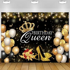 Black Gold Happy Birthday Backdrop for Women Glitter High Heels Balloons Flowers Birthday Photography Backdrop Queen Party Decoration Cake Table Banner Photo Studio Props 8x6Ft (S1)