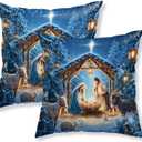 18x18 Inch Set of 2 Nativity Scene Merry Christmas Throw Pillow Covers Holy Family Pillow Cases Religious Holiday Cushion Covers Decorative Christmas Nativity Pillow for Sofa Couch Bed