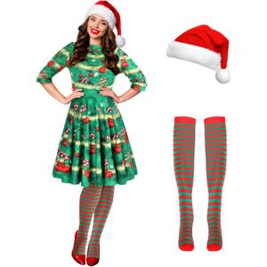 Hillban 3 Pcs Christmas Elf Costume Set Women Short Sleeve Christmas Dress Thigh High Socks Santa Hat (Medium, Candy Tree)