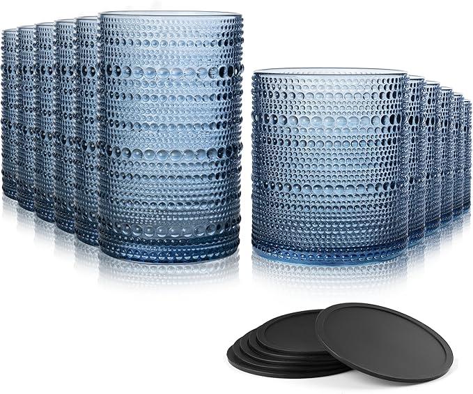 DmmyAlzx Hobnail Drinking Glasses Set of 12 Count, Vintage Glassware, Old Fashioned Glasses, 6 Highball Bubble Drinking Cups 15 oz, 6 Rocks Cups 14.5 oz with 12 Silicone Coasters, Blue