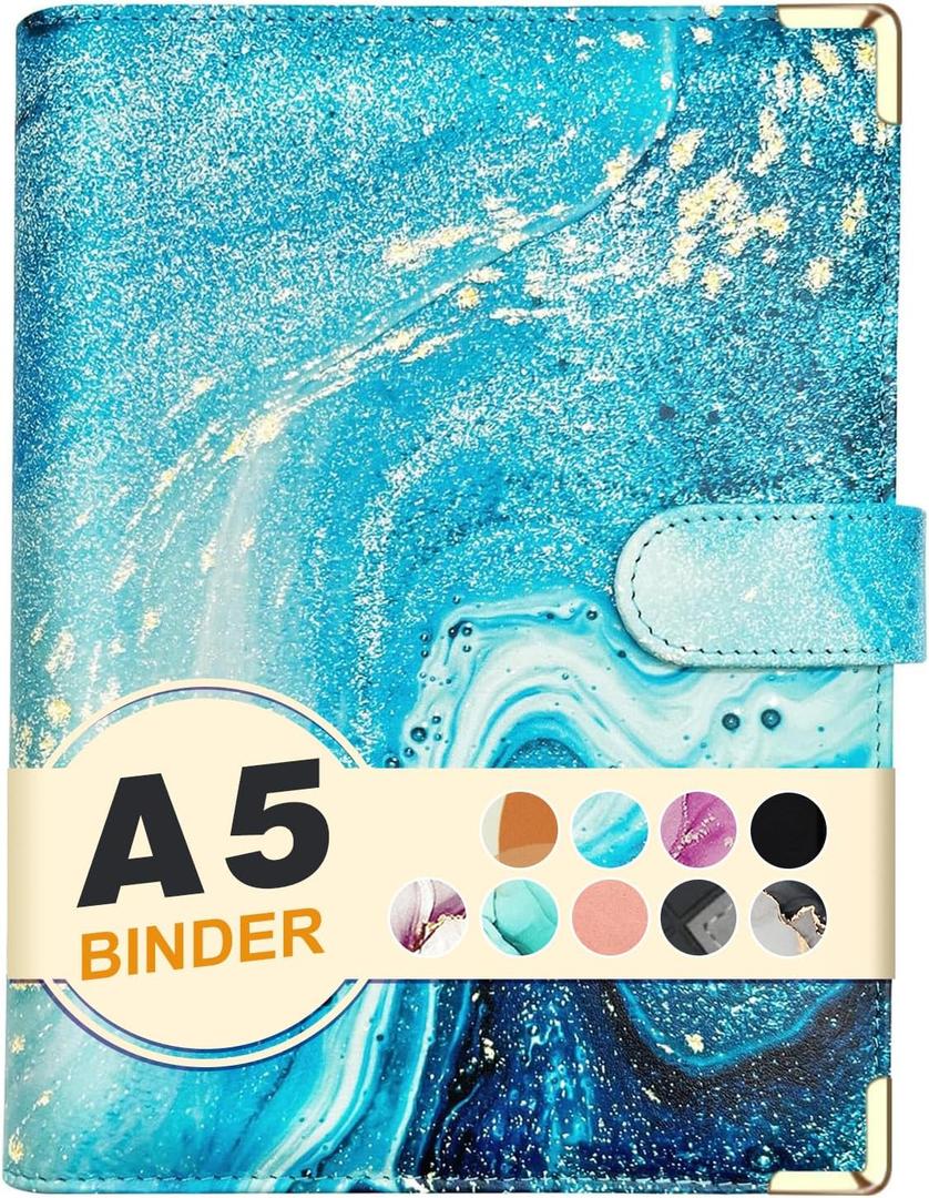 A5 Refillable 6 Ring Faux Leather Budget Binder,Mini Notebook Binder Cover for A5 Filler Paper,Loose Leaf Personal Planner Cover with Magnetic Buckle Closure(Marble Blue)