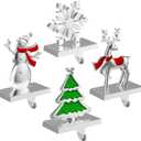 4 Pack Christmas Stocking Holders for Mantle, Stockings Hangers Set of 4, Snowflake Snowman Tree Deer Reindeer Heavy Weighted Hooks for Mantel Fireplace Windows Indoor Decorations Silver
