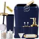Navy Blue Bathroom Accessories Set, Blue and Gold Bathroom Accessories with Trash Can, Soap Dispenser, Soap Dish, Toothbrush Holder and Q-tip Holders