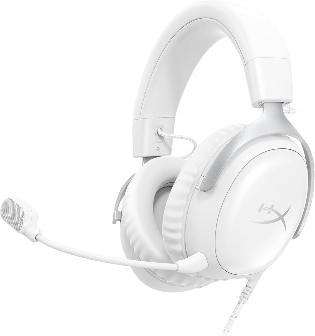 HyperX Cloud III Wired Gaming Headset, PC, PS5, Xbox Series X|S, Angled 53mm Drivers, DTS, Memory Foam, Durable Frame, Ultra-Clear 10mm Mic, USB-C, USB-A, 3.5mm White