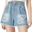 Curipeer Girls Jean Shorts, Distressed Elastic Waist with Pockets | Soft Breathable Durable Cotton, Ripped Patch Summer Fall Daily Denim Jorts, Little Kids Teen Girl