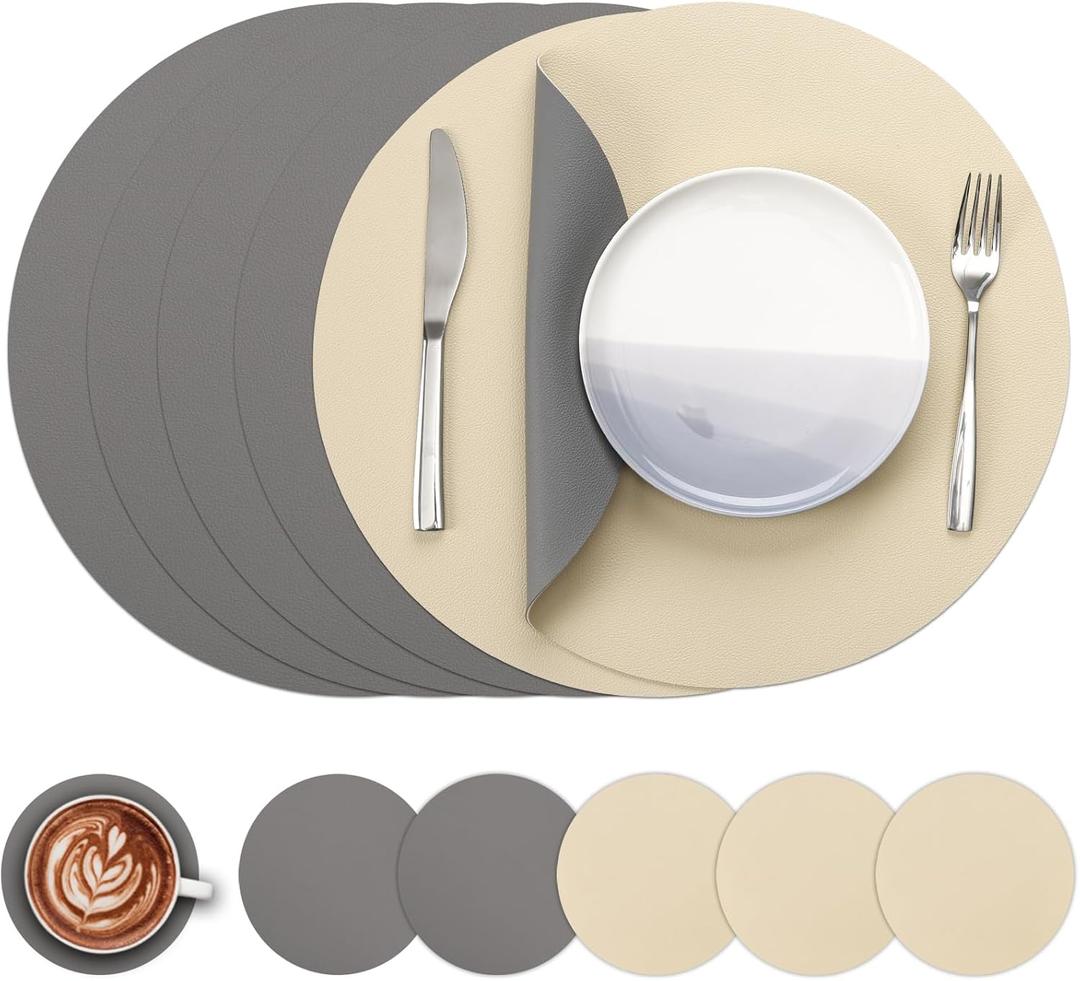 Myir JUN Round Placemats Set of 6 Faux Leather Place Mats and Coasters 15 inch Round Table Mats Dual Sided Non-Slip Stain Resistant Placemats (Gray & Wheat, Set of 6)
