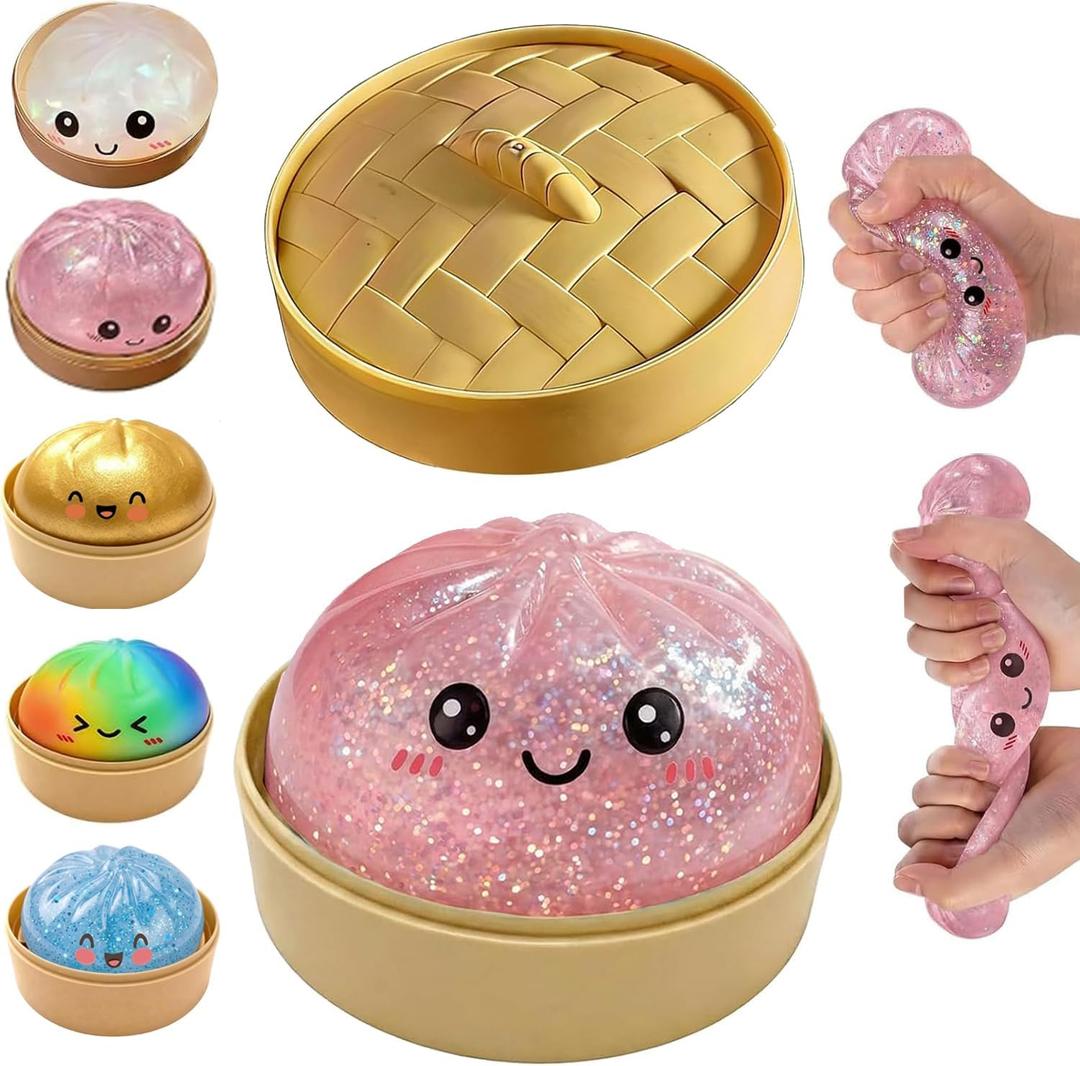 Glitter Dumpling Squishy, Dumpling Squishies, Mystery Box Squeeze Toy, Colorful Stress Balls Fidget Sensory Toy with Steamer,Suitable for Adult use in Offices and Homes (Pink)