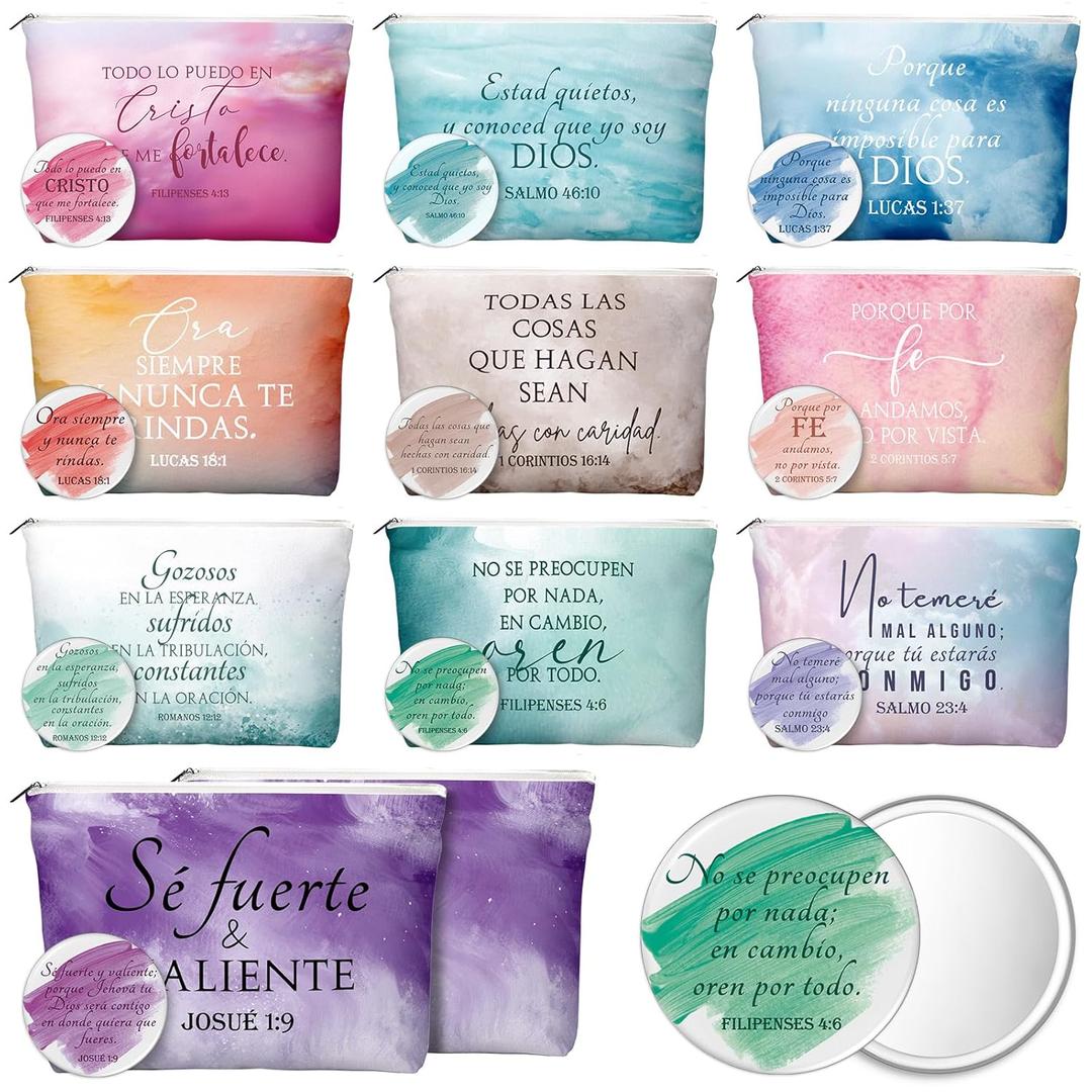 Reginary 10 Set Christian Gift for Women Bulk Mother's Day Religious Gifts 10 Canvas Makeup Bag 10 Bible Verse Compact Mirror Church Mother's Day Inspirational Gifts(Watercolor,Spanish Style)