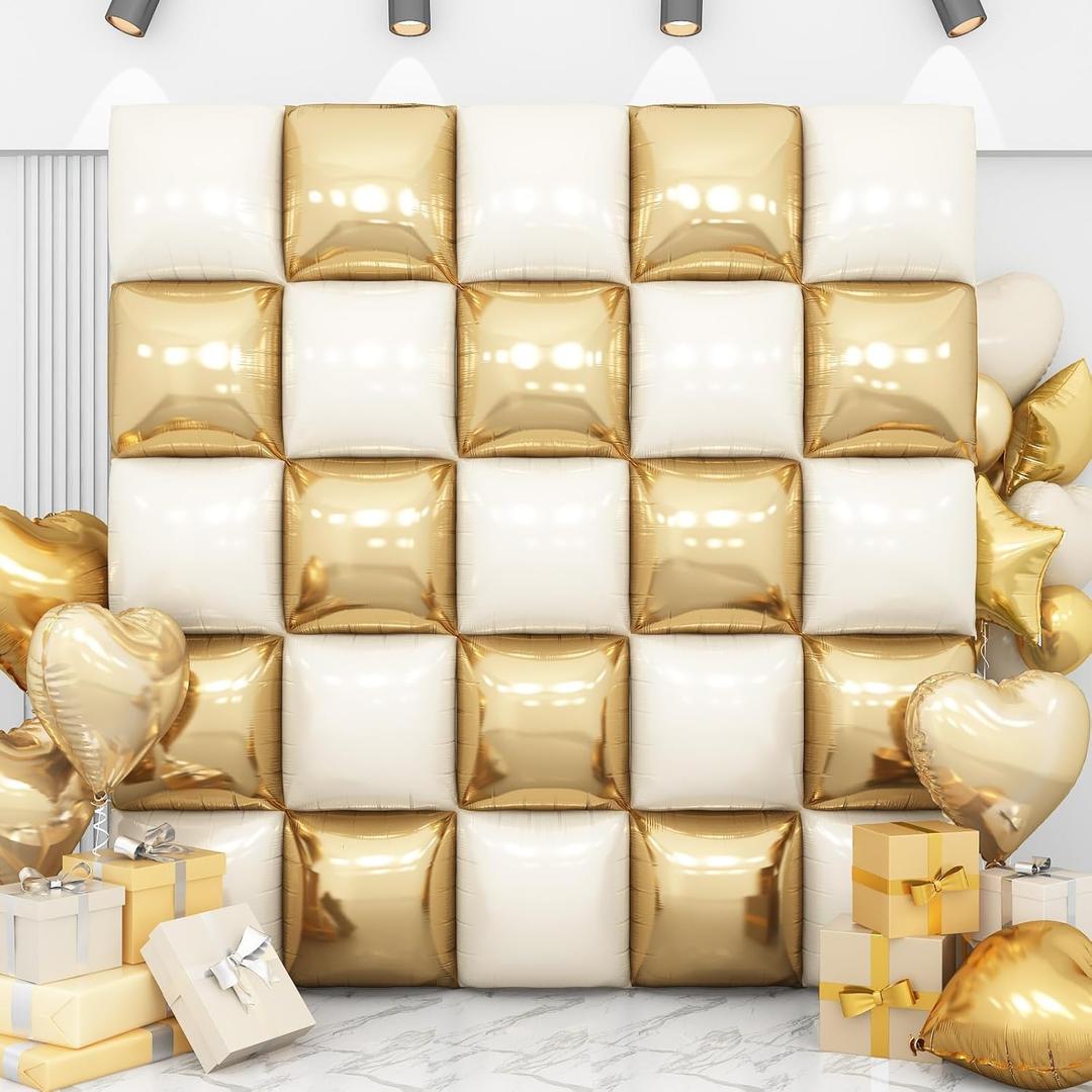 Sand White Gold Square Foil Balloon Wall,25Pcs Double Sided Foil Balloons Backdrop Helium Tunnel Arch Garland Kit for Birthday New Year Bridal Wedding Anniversary Baby Shower Party Decorations