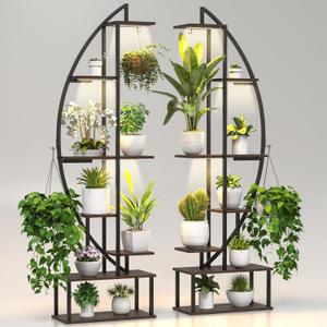 Plant Stand Shelf Rack Indoor with 6 Built in Grow Light, 7 Tier 65" Tall Pair Large Half Moon Lighted Plant Stand with Hanging Hook, 2 Black Circle Sturdy Tiered Herb Shelving with Lighting (Dark Brown Board Black Metal 7 Tier 2 Pack)