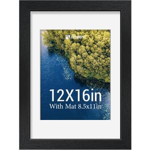 12x16 Picture Frame, 8.5x11 Mat, Black Wood, Glass, 1 Pack,