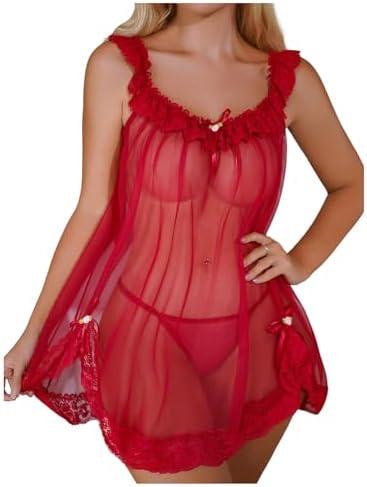 OYOANGLE Women's 2 Piece Mesh Sheer Floral Lace Babydoll Slip Dress Nightgowns and Thong Lingerie Set Size M