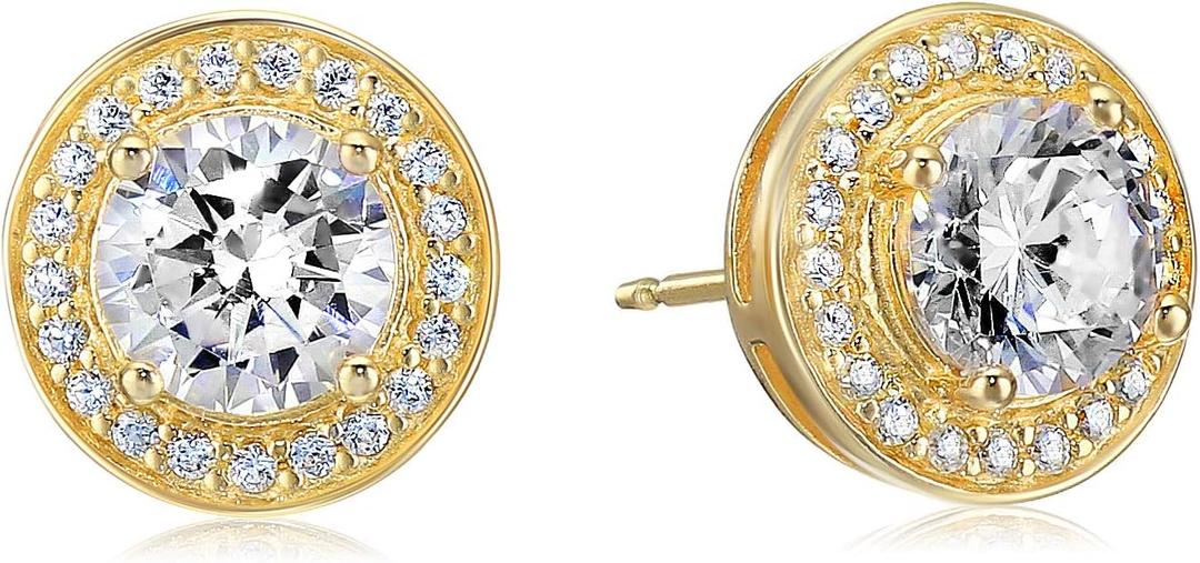 Amazon Essentials Cubic Zirconia Classic Halo Stud Earrings in Sterling Silver, (previously Amazon Collection) (Yellow Gold)