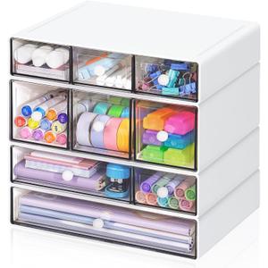 FODIENS Desk Storage Organizer with 9 Drawers, 4 Tiers Stackable Desktop Craft Storage Drawers, Clear Storage Box Caddy for Stationery Makeup Jewelry Office Craft Supplies (White)