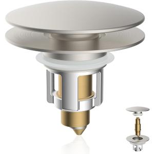 iFealClear Universal Bathroom Sink Stopper, Metal Pop Up Sink Drain Strainer with Hair Catcher Basket, Fit 1.1"-2.36" US Basin, Wash Basin Drain Plug, Big Cover Cap, Brass Bounce Core, Brushed Nickel