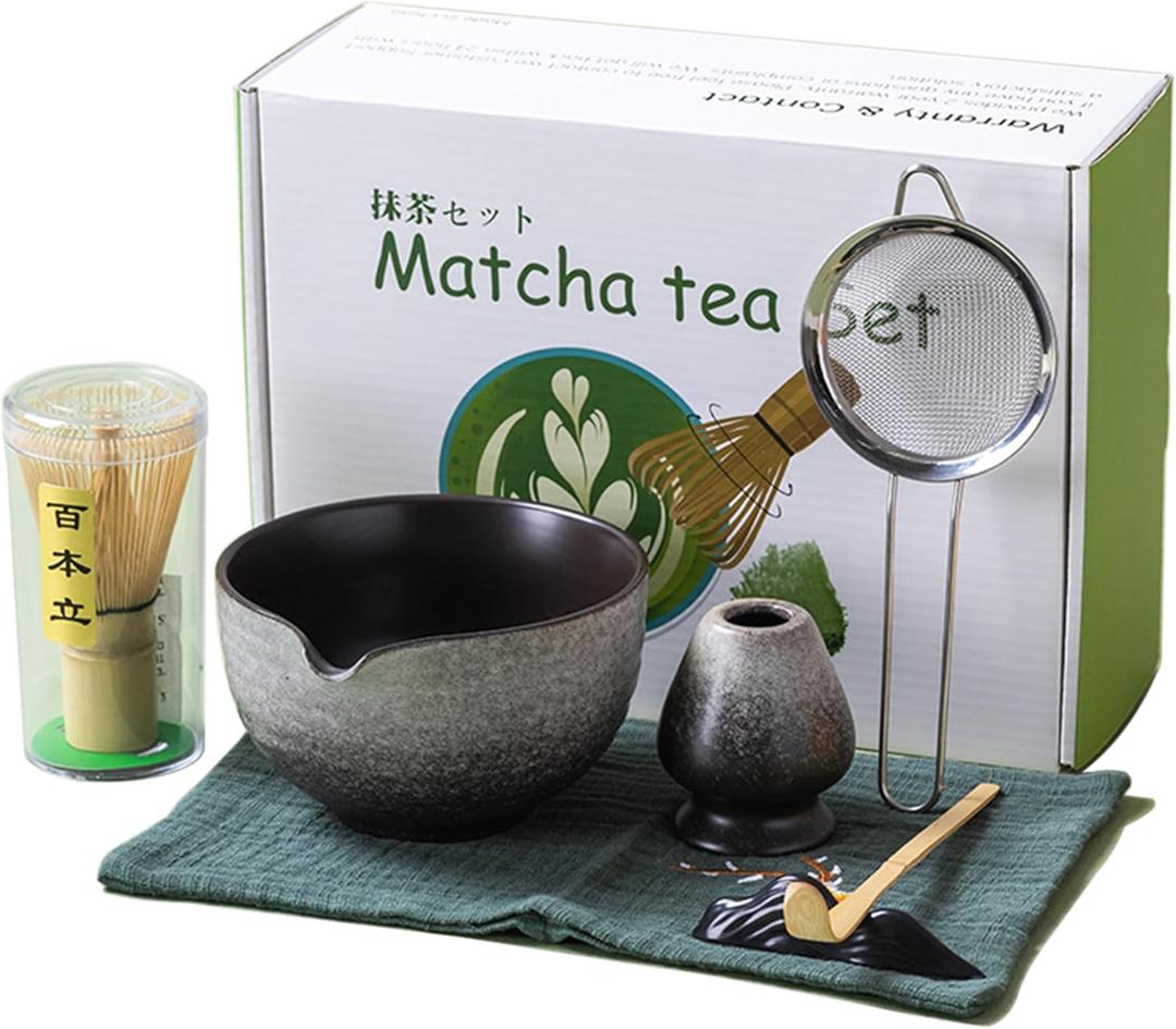 Japanese Matcha Set 7pcs - Ceramic Bowl & Hyaku Hon Tachi Bamboo Whisk (Chasen), Chashaku Spoon, Strainer, Cloth - Traditional Tea Ceremony Kit