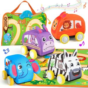 Vanmor Baby Car Toys for 12 Month Old Toys, Musical Playmat with 4 Animal Soft Pull-Back Vehiclefor 1 Year Old, Soft Baby Learning Toys 12-18 Months, 1st Birthday Xmas Gift for Toddlers