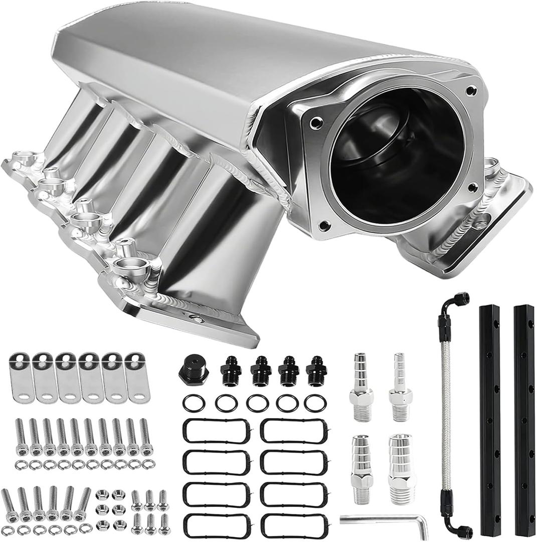 92mm Intake Manifold with Fuel Rails & Hardware Kit, Compatible with Chevy GM LS LS1 LS2 LS6 Engines 4.8L 5.3L 5.7L 6.0L High Flow Aluminum Sheet Metal (Silver)