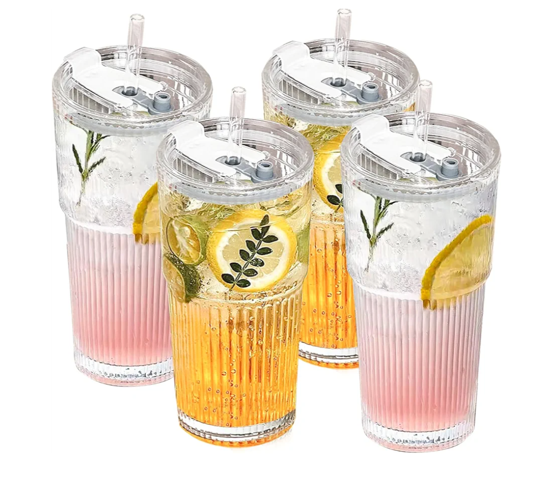 220 oz Glass Tumbler with Lid and Straw, 4 Pack Clear Ribbed Iced Coffee Cup, High Borosilicate Glass Tumbler, Reusable Vintage Glassware for Iced Coffee, Smoothies, Cocktails, and Juices (Pattern)