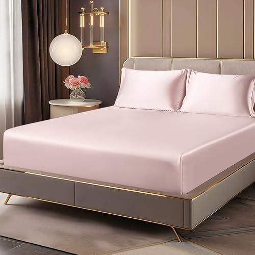 BEDELITE Satin Fitted Sheet and Pillowcases Set, Luxury Soft Similar to Silk Bottom Bedsheet with Elastic Corner Straps, Deep Pocket up to 15 Inch, 1 Fitted Sheet and 2 Pillowcases(Queen, Pink)