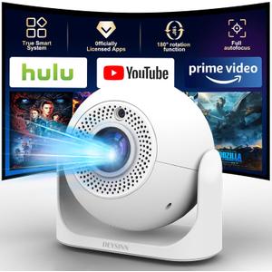 Smart Mini Projector with WiFi & Bluetooth, 4K Support 180 Rotatable Auto Focus & Keystone Portable Proyector with Built-in APPS and Speaker Outdoor Movie Home Theater Projector (white)