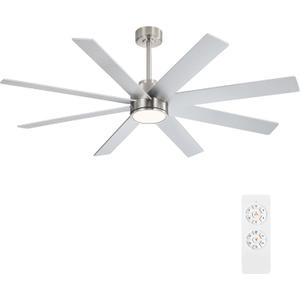 WINGBO 60" Large DC Ceiling Fans with Lights and Remote, 3 Downrods, 8 Plywood Blades, 6-Speeds Reversible DC Motor, 3CCT, Indoor Ceiling Fan for Bedroom Living Room Patio, Brushed Nickel and Silver