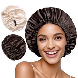 Satin Bonnet for Women,Double Layer Adjustable Sleep Cap, Soft and Silk Hair Bonnet for Curly Hair Protection, 2 Pack (Brown-Champagne) (One Size)