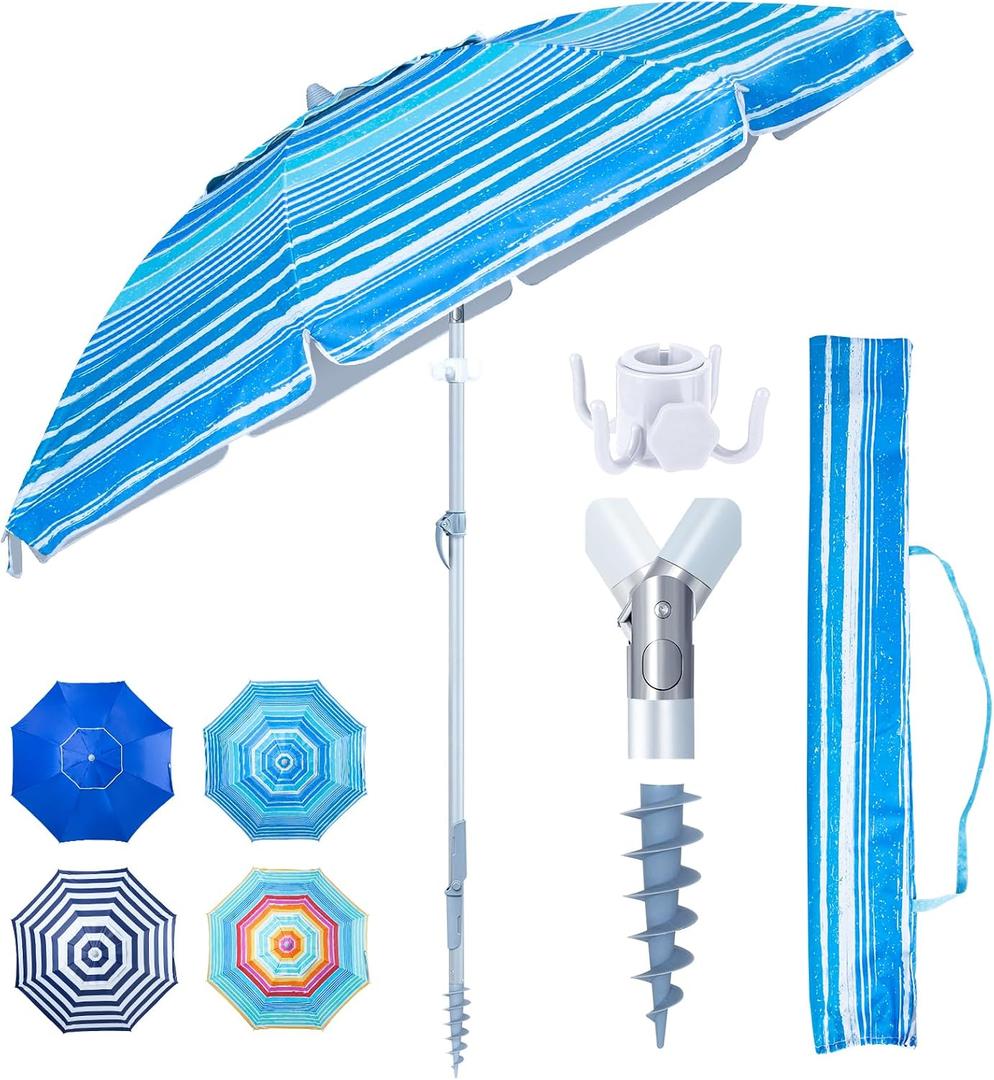 Tempera Heavy Duty High Wind Beach Umbrella with Sand Anchor & Carry Bag | Patio Outdoor Umbrella with Aluminum Frame and Push Button Tilt, Ideal for Travel Garden Lawn, UPF 60+