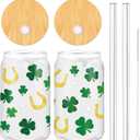 2 Pack St. Patrick's Day Drinking Glasses Gold Foil Shamrock Horseshoe Drinking Glasses 16oz Lucky Clover Glass Cup with Lids and Straw for Cocktails Whiskey Beer Soda