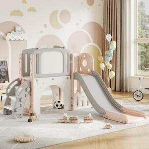 Garvee 8-in-1 Toddler Slide Indoor & Outdoor Playground Playset for Kids-Includes Climber, Basketball Hoop, Telescope, Tunnel, and Storage Space for Backyard & Courtyard Fun