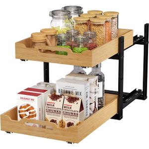 Golener Pull Out Cabinet Organizer - 2-Tier Slide Out Bamboo Drawers for Kitchen Cabinets, Bathroom Organizers and Storage, Under Sink Organizer for Kitchen Storage Organization with Coated Iron Frame